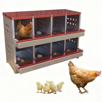 GarveeTech Chicken Nesting Box for Laying Eggs, 8 Compartment Galvanized Steel Laying Boxes for Hens with Front Access Tray, Easy Wall Mount, Includes 8 Training Eggs - color: Red