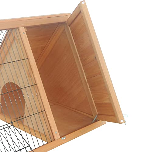 PawHut 46" x 24" Wooden A-Frame Outdoor Rabbit Hutch, Small Animal Cage, Bunny Hutch with Outside Run & Ventilating Wire, Yellow - color: Brown, size: 45.8"L x 24.5"W x 20.8"H