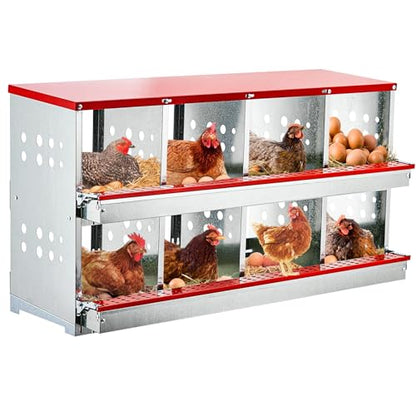 8-Compartment Chicken Nesting Box, Wall Mounted Roll Away Nesting Box for Laying Hens, Galvanized Steel Egg Laying Box with Collection Tray & Perch, Easy Clean Heavy Duty Poultry Nest Box