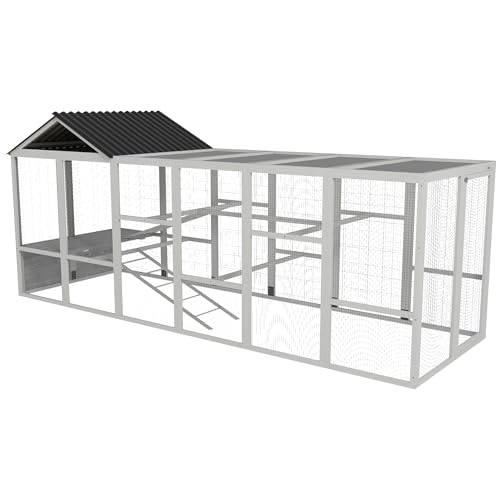 PawHut Wooden Chicken Coop Run for 6-10 Chickens, Hen House, Poultry Cage Add-On with Storage, Perches, 141.75" x 48" x 61", Gray - color: Gray