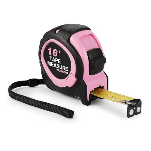 WORKPRO 16-FT Tape Measure with Fractions, 3 Brakes Retractable Measuring Tape, Compact Measurement Tape with Magnetic Hook, Nylon Coating Blade Accuracy 1/32”, Pink - style: 16-FT
