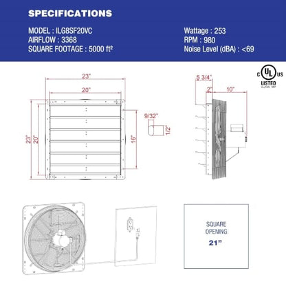 iLIVING 20" Shutter Exhaust Fan with Wireless Smart Remote Controlled Thermostat and Humidity, Variable Speed Wall Mounted Attic Vent Fan, Chicken Coop Ventilation, 3368 CFM, 5000 SQF Coverage Area - size: 20 inches