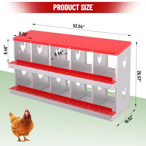 Heavy-Duty Galvanized Steel Chicken Nesting Box – 10 Large Vented Compartments, Rollout Egg Collection, Rustproof, Wall-Mount, Easy Clean – Red - color: Red, size: 10-Holes