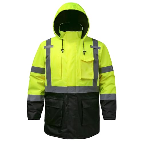 Reflective Jacket, High Visibility Parka, Waterproof Hi Vis, Safety Jacket with Removable Hood and Zipper, ANSI Class 3 (Lime,Medium) - color: Lime-parka, size: Medium