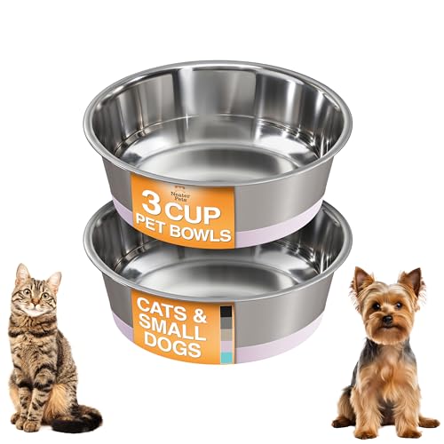 Neater Pet Brands Stainless Steel Dog Bowls with Non-Slip Rubber Bottom – 3 Cup (24 oz), Pink - Set of 2 Heavy Duty Metal Dog Bowls, Dishwasher Safe, Food or Water Bowl, Ideal for Small to Medium Dogs - color: Light Pink, size: 3 Cup (Set of 2)