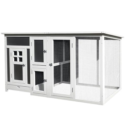 PawHut 63" Outdoor Chicken Coop Wooden, Chicken Cage with Run Area, Nesting Box, Hen House with Waterproof Roof, Removable Tray