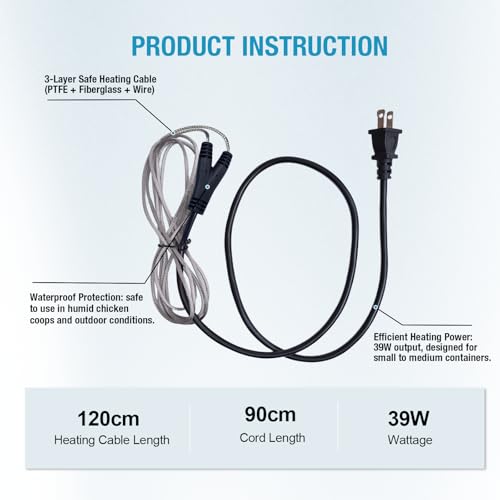 Chicken Water Heated Cord 2 Pack, 39W Chickens Water Heater for Winter, Freeze Proof Chicken Waterer Heater with Long Heating Cord 4FT for Poultry Like Chickens Geese Ducks and Small Animals