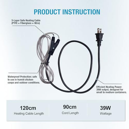 Chicken Water Heated Cord 2 Pack, 39W Chickens Water Heater for Winter, Freeze Proof Chicken Waterer Heater with Long Heating Cord 4FT for Poultry Like Chickens Geese Ducks and Small Animals