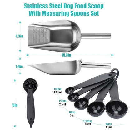 AIERSA Pet Food Scoop & Measuring Cup for Dogs & Cats, Stainless Steel Dog Scoop1 ¾ / ½ / ¼ Cup with Multi-Unit Markings for Precision Feeding, Easy-Clean Metal Food Storage