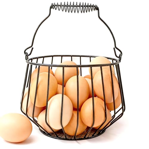 Wire Egg Basket for Gathering Fresh Eggs with Coiled Handle, Chicken Coop | Egg Basket Countertop, Fruit Basket Kitchen Counter, Harvest Basket, Easter Egg Basket, Holds 24 Eggs, Stable Base, Black