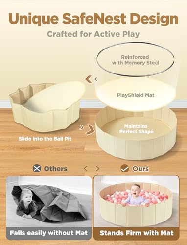 Hikiddy Large Ball Pit for Toddlers - 44 in Baby Ball Pit with Pop-Up Playmat, Foldable Kids Ball Pool, Dog Play Pit, Indoor and Outdoor Use, Hold Over 1000 Balls, Balls Not Include (Beige) - color: Beige