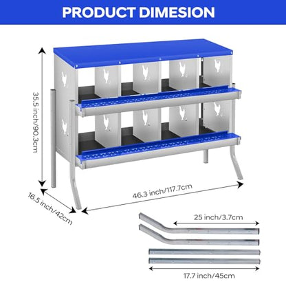 8 Compartment Chicken Nesting Boxes, Metal Roll Away Egg Laying Boxes with Removable Tray & Lid Cover, Chicken Coop Nest Box for Hens, Egg Protection Design (with Legs) Blue - color: Blue, size: 8 hole - with leg
