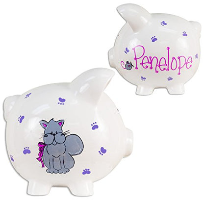 My Bambino Hand Painted Personalized Piggy Bank Girls Large White Ceramic Coin Bank Removable Stopper | Baptism (Kitty Cat) - color: Kitty Cat