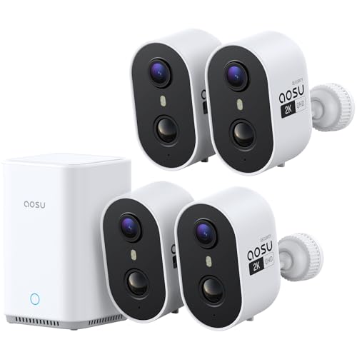 aosu Wireless Outdoor Security Camera Kit with aosuBase Local Storage, 2K with 6X Zoom, 4-View Live, Cross-Camera Person Timeline, PIR + AI Human Detection, Color Night Vision, 4-Cam-Kit
