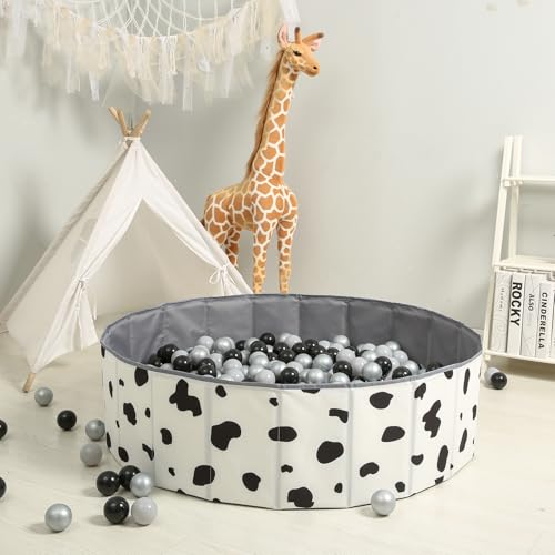 GOGOSO Foldable Ball Pit for Toddlers Large Foldable Puppy Dogs Cats Baby Infant Kids Portable Corner Ball-Pit Big Pop Up Collapsible Soft Play Tent Indoor Outdoor (Balls no Include) Black White Cow