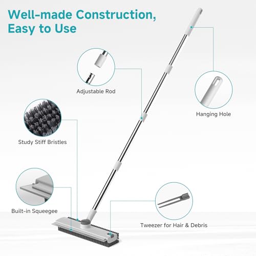 Floor Scrub Brush with Long Handle Length Adjustable, 3 in 1 Heavy-Duty Stiff 90° Bristle Floor Scrubber Broom with Squeegee, for Bathroom, Garage, Kitchen, Tile, Deck & Patio (White) - color: White