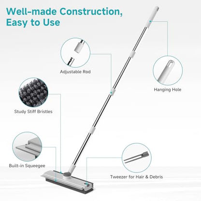 Floor Scrub Brush with Long Handle Length Adjustable, 3 in 1 Heavy-Duty Stiff 90° Bristle Floor Scrubber Broom with Squeegee, for Bathroom, Garage, Kitchen, Tile, Deck & Patio (White) - color: White
