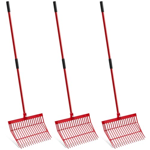 Lasnten 3 Sets Manure Fork with Long Handle, ABS Plastic Head & Metal Handle, Pitch Fork Manure Rake Heavy Duty Muck Rake for Gardening Horse Stable Grass Hay Cleaning Farm Work (Red,Normal Grip) - color: Red
