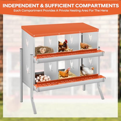 GarveeTech Chicken Nesting Box with Legs, 6 Compartment Metal Hen House, Elevated Design for Cleaner Eggs, Easy Egg Collection & Durable Poultry Nesting Solution - size: Orange-6 Compartments with legs