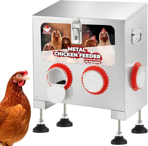 25 lbs 4-Port Automatic Chicken Feeder Box with Locking Lid&Riveted Handles,Chicken Feeder No Waste, Adjustable Legs for Chickens, Poultry Coop,Large Capacity Rainproof Metal Chicken Feeders - size: 25LBS