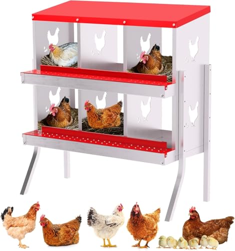 TrailBlaze 6 Compartment Chicken Nesting Box with Metal Legs, Chicken Egg Laying Boxes with Rollout Egg Collection, Large Vented Holes Chicken Coop for Chickens, Hens (Red) - color: Red, size: 6 Holes with Legs