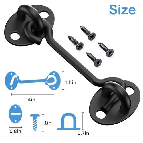 2 Pack Barn Door Latch Lock 4" Black Hook and Eye Latch with Screws, Rust-Resistant Metal Gate Latch for Window, Cabin Hooks, Sliding Door, Bathroom, Bedroom - size: 4 Inch