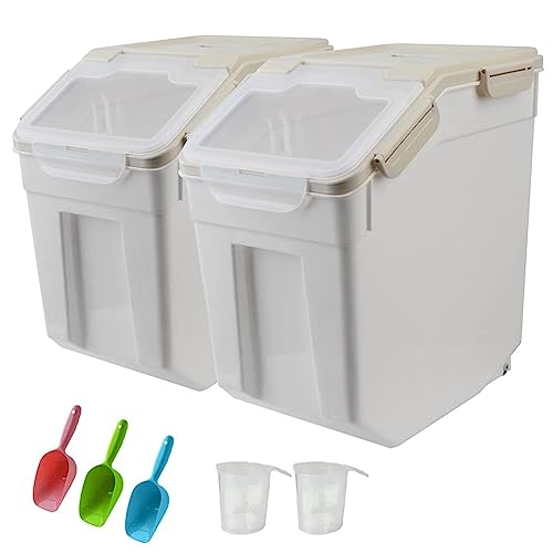 25LB Large Flour Storage Container Bin ,2 Pack Airtight Plastic with Wheels Seal Locking Lid Dispenser Organizer Storage Bin with Measuring Cup & Scoop for Flour, Rice, Grain 50LBS Total - color: gray