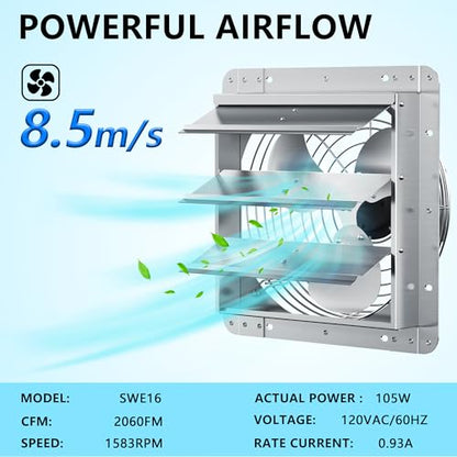 16 Inch Shutter Exhaust Fan, Aluminum Wall Mounted Exhaust Fan, 2060 CFM High Speed Automatic Shutter Attic Fan, Vent Fan For Greenhouse,Shed,Shop,Garage - size: 16 Inch