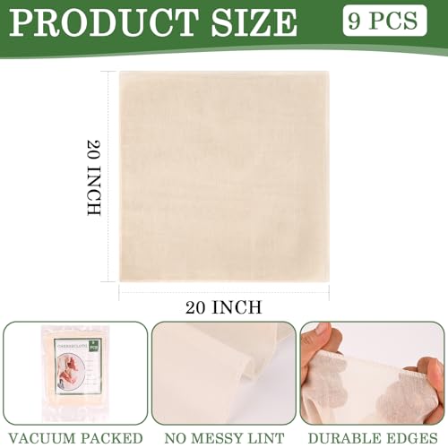 WMKGG 9 PCS Cheese Cloths, Grade 100, 20x20 Inch Cotton Cheesecloth with Hemmed 4 Edges, Reusable Unbleached Fine Mesh Cheesecloth for Straining, Cooking, Juicing, Cheese Making, Baking, Yogurt - size: 9pcs 20"x20"Cheese Cloth