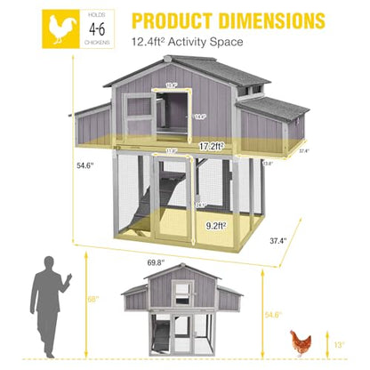 Aivituvin Large Chicken Coop for 4-6 Chickens, Raised Outdoor Wooden Chicken House with Unique Folding Design, 2 Nesting Boxes, Easy Clean Pull-Out Tray, Waterproof Asphalt Roof - Grey - size: 69.8"L x 42.0"W x 54.6"H