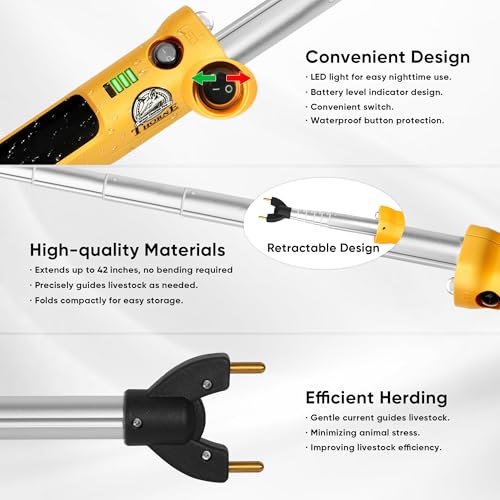 Retractable Cattle Prod, Rechargeable Livestock Prod with LED Light, Waterproof Animal Herding Tool for Cattle, Pigs and Goats, Heavy Duty Livestock Management(42in)