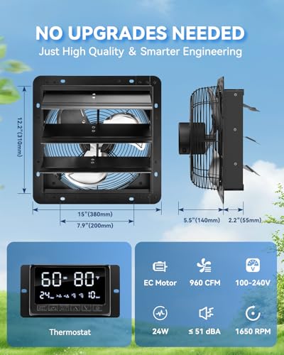 12" Wall Mounted Shutter Exhaust Fan with Thermostat - Temperature Humidity Controller, EC Motor, Aluminum Auto Shutter Ventilation Fan, Attic Vent Fan, Coops, Greenhouse, Barn, Shed Ventilator - size: 12"
