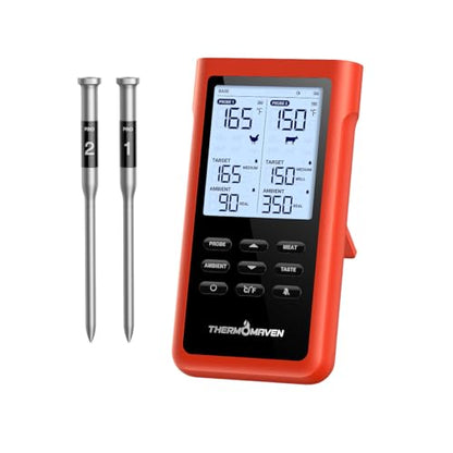 ThermoMaven 3000FT Smart Wireless Meat Thermometer, Sub-1G Long Range, 6 Sensors NIST Certified Accuracy, 2 Thin Probes, Standalone Base with Large LCD for Grill, Smoker, Oven, BBQ - color: Red