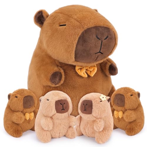 Achwishap 5PCS Capybara Plush,Capybara Stuffed Animal Mommy with 4 Capybaras Babies Plush Toy,Cute Plushie Capybaras Hugging Pillow Cuddle Plushie for Kids Girls Boys Birthday,Capy bara Family 16” - color: Brown Capybara Family-1+4