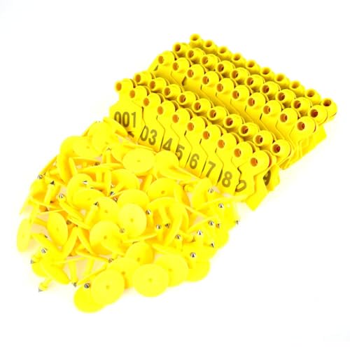 Cyrank Livestock Ear Tags, Plastic Animal Identification Tags for Cattle, Goats, Sheep - Set of 100 Numbered Ear Tags - color: Yellow