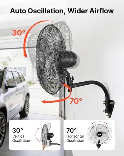 VEVOR Wall Mount Fan, 18 in Wall Mounted Hanging Fan Oscillating, 3-Speed, Long Airflow Distance, Adjustable Rotation Angle, Mechanical Powerful for Industry, Commercial, Garage, Workshop, Gym, Black - size: 18In-Oscillating