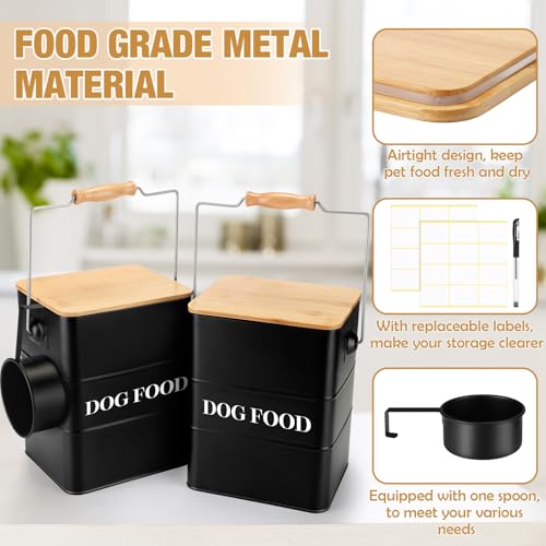 Tioncy 2 Pcs Metal Dog Food Storage Containers Total 10-14 Lbs (50 Cup) Capacity, Airtight Pet Food Canister with Bamboo Lids Scoop DIY Labels Dog Treat Storage Jars for Kitchen Counter(Matte Black) - color: Matte Black