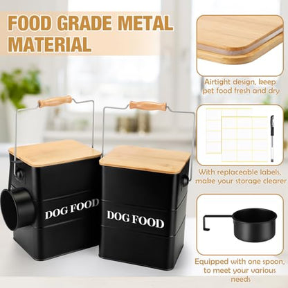 Tioncy 2 Pcs Metal Dog Food Storage Containers Total 10-14 Lbs (50 Cup) Capacity, Airtight Pet Food Canister with Bamboo Lids Scoop DIY Labels Dog Treat Storage Jars for Kitchen Counter(Matte Black) - color: Matte Black