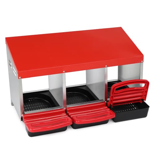 Chicken Nesting Boxes Plastic with Roll Away Egg,3 Compartment Roll Out Chicken Nest Box Egg Laying Box with Lid Cover,Rolling Egg Collection & Protection Chicken Coop for Up to 3 Hens,Red - color: Red, size: 31.9"L x 20.1"W x 18.5"H