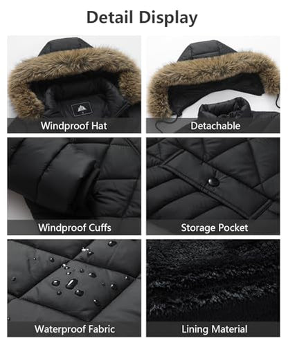 Women's Long Warm Winter Coat Windproof Thickened Fleece Lined Down Jacket Waterproof Puffer Outerwear with Removable Hood - color: Black, size: Small