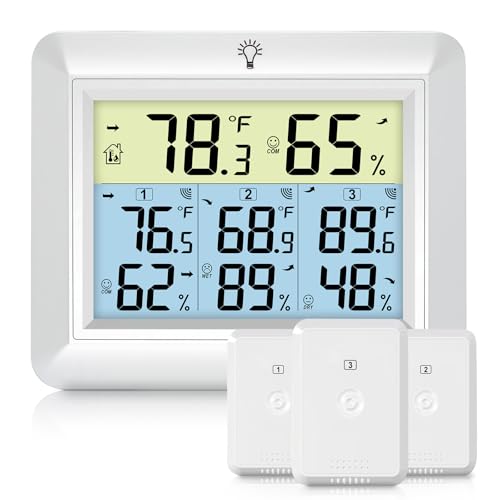 Urageuxy Wireless Indoor Outdoor Thermometer with 3 Sensors, 4-Area Temperagure/Humidity Monitor for Home, Multi-Room Weather Station with 328ft Range for Nursery, Greenhouse, Patio - color: White