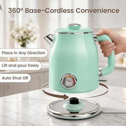 Mecity Retro Electric Kettle 1.7L, Stainless Steel Interior (No Plastic Contact), Double Wall Cool Touch, Fast Boil 1500W, Thermometer (°F/°C), Removable Lid, Wide Opening Easy Cleaning, 120V, Green - color: Light Green