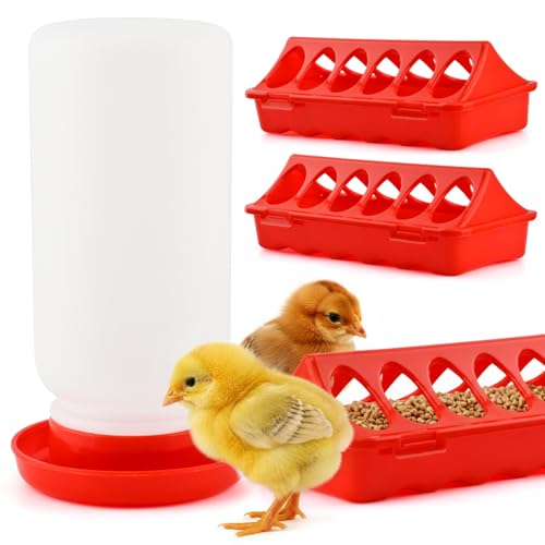 4pcs Chick Feeder and Waterer Kit Baby Chick Starter Kit with 12 Feeding Hole Baby Poultry Starter for Small Poultry Ducks Quail(Color:red)