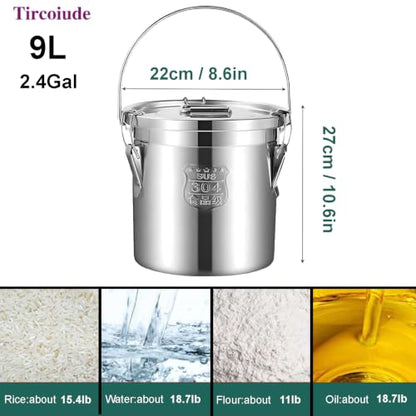 304 Stainless Steel Storage Containers, 9L/2.4Gal Airtight Metal Canisters with Lids for Food for Milk, Oil, Soup, Fermentation, Camping (Handheld) - size: Handheld 9L/2.4gal