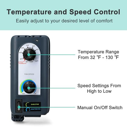 10 Inch Shutter Exhaust Fan with Thermostat and Speed Controller, Wall Mounted Vent Fan for Attic, Greenhouse, Shed, Garage, Chicken Coop, Shop Ventilation, 820 CFM, 1200 SQF Coverage Area - size: 10 Inch