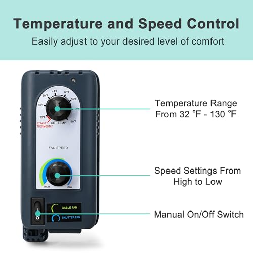 12 Inch Shutter Exhaust Fan with Thermostat and Speed Controller, Wall Mounted Vent Fan for Attic, Greenhouse, Shed, Garage, Chicken Coop, Shop Ventilation, 960 CFM, 1400 SQF Coverage Area - size: 12 Inch