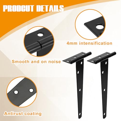 Tandefio 6 Pack 6 Inch T Strap Gate Hinges Heavy Duty Gate Hardware Kit for Wooden Fence Rustproof Door Hinges, 4 Pcs Door Pull Handle with Screws for Barn Shed Outdoor Garage Cabinet Drawer, Black