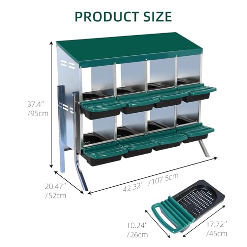 Chicken Nesting Boxes,8 Hole Metal Roll Away Eggs Laying Boxes with Ventilation Holes，Rustproof Plastic Tray & Keyhole Mounting, Cleanable Pull Out Nest Box for Hen & Duck, Green - color: Green, size: 8 holes with legs
