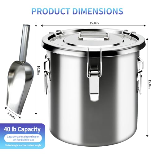40 lb Stainless Steel Dog Food Storage Container, Airtight Metal Pet Food Storage Bin with Lid and Scoop, Large Dog Food Container for Dry Food, Keep Fresh, Easy to Clean