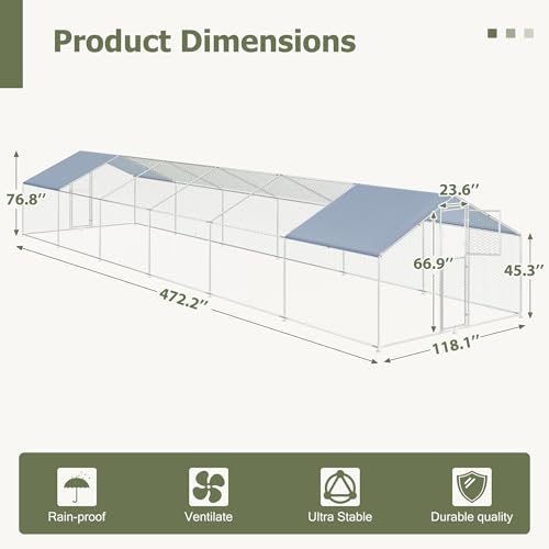 Large Metal Chicken Coop,19.7x9.8x6.4 FT Chicken Run for Yard with Waterproof & Anti-UV Cover,Walk in Chicken Pen with Feeding Door (39.4 * 9.8 * 6.4 ft) - size: 39.4*9.8*6.4 ft